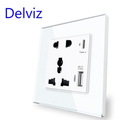 Delviz Type-C Interface Socket, Universal international,Crystal Glass Panel,Wall Power USB Outlet, 18W 4000mA Smart Quick Charge